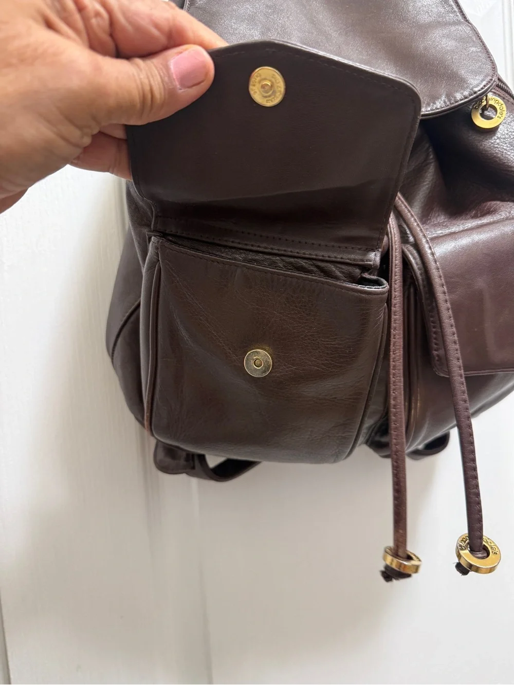 Bloomandel Premium Dark Brown Leather Drawstring Backpack with Front Pockets